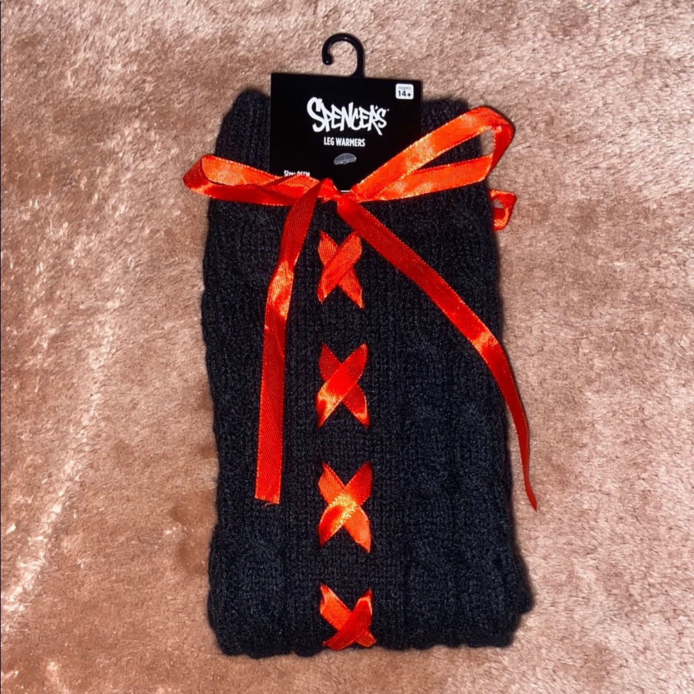Black Leg Warmers with Red Ribbon Accents